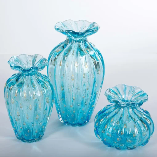 1950 Light-Blue Set of 3 Vases with Gold Bubbles