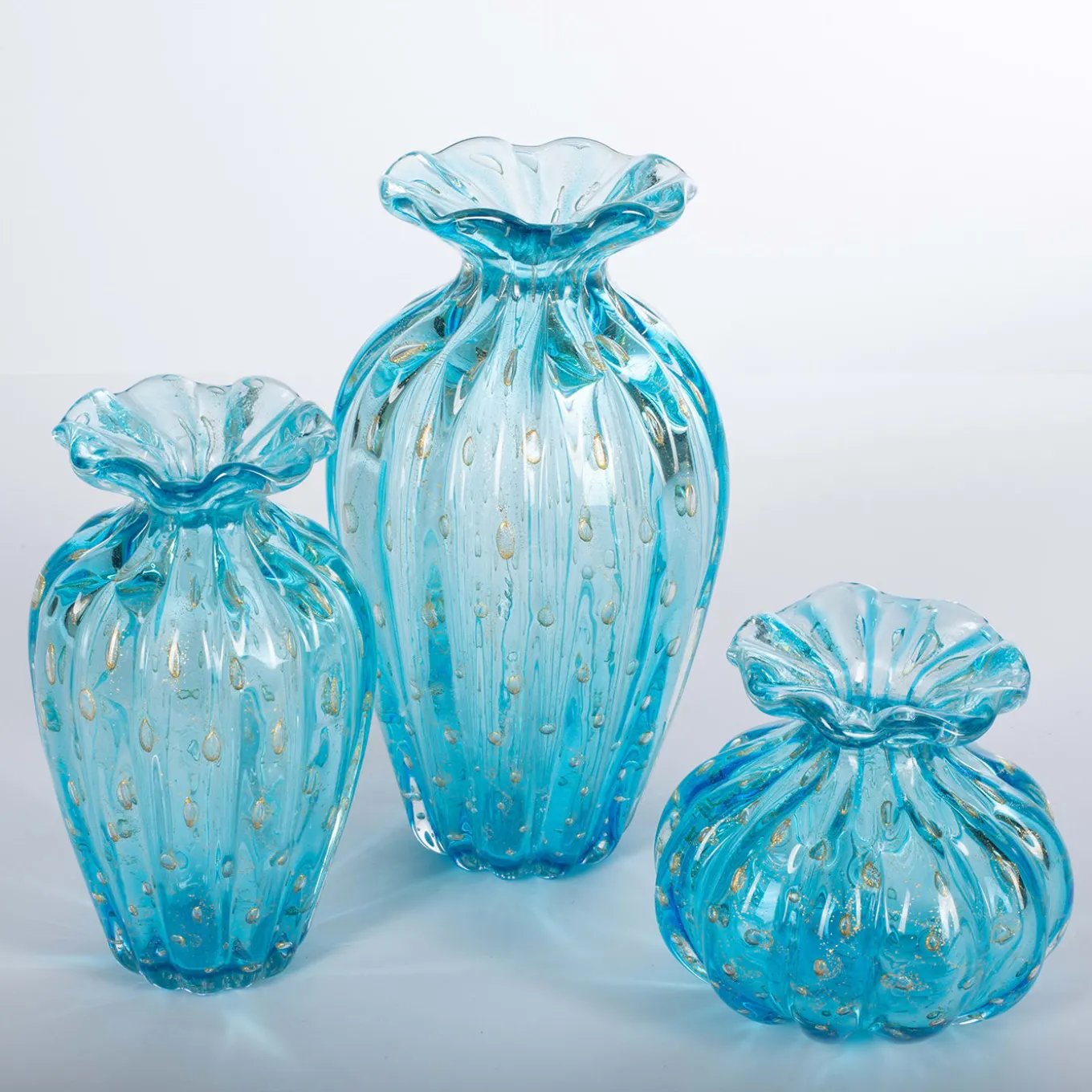 1950 Light-Blue Set of 3 Vases with Gold Bubbles
