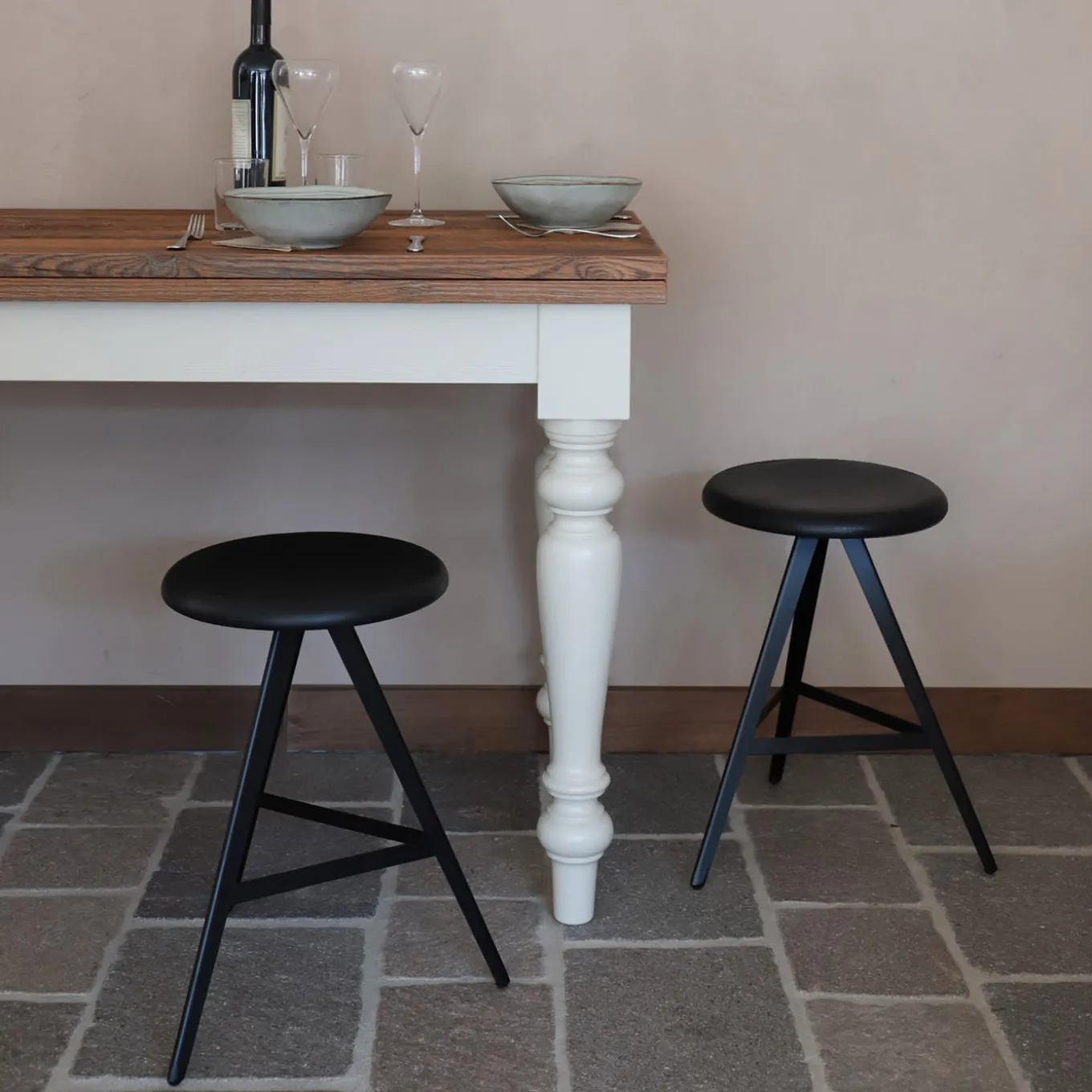 Aky 47 Round Black Ash & Metal Low Stool by Emilio Nanni