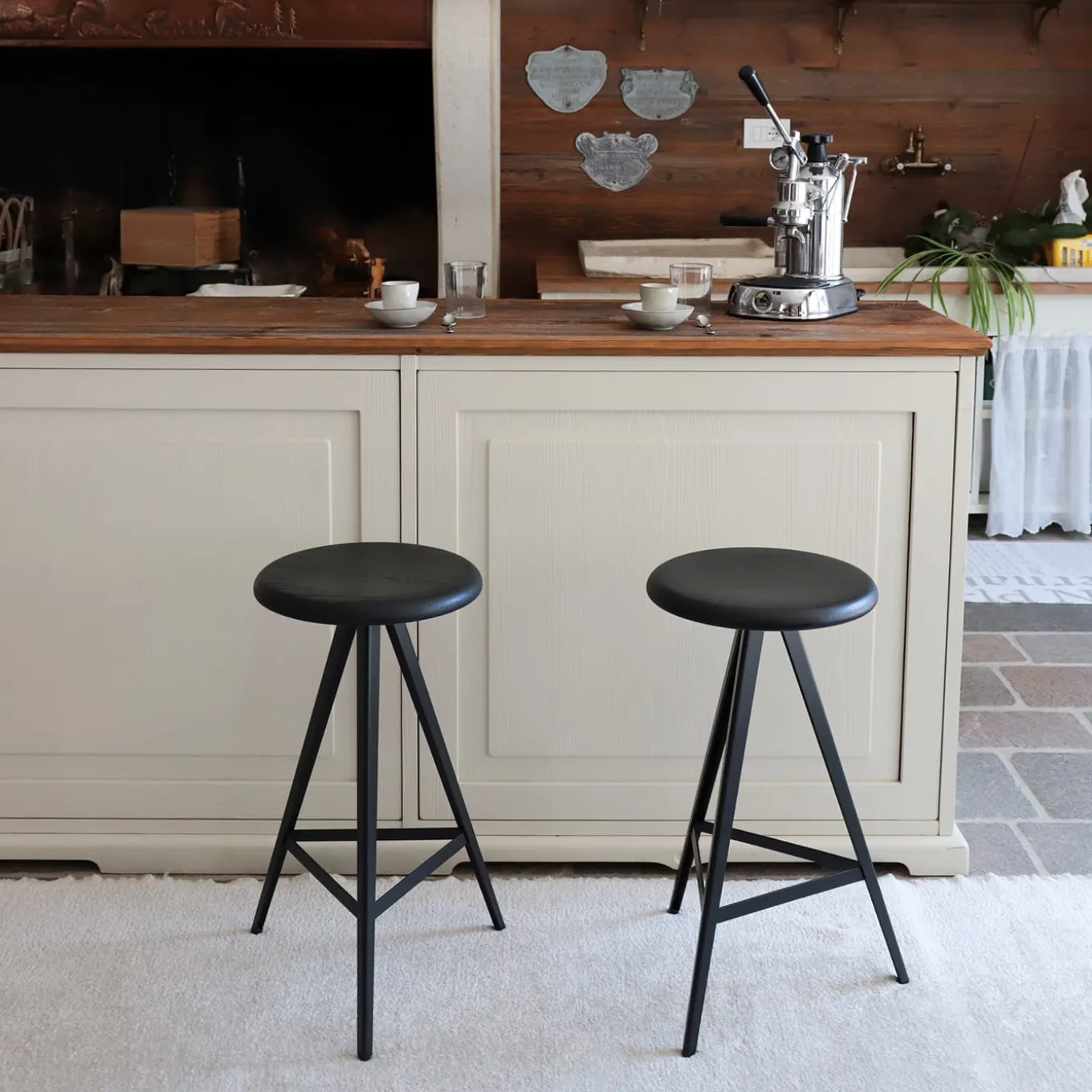 Aky 61 Round Black Ash & Metal Stool by Emilio Nanni