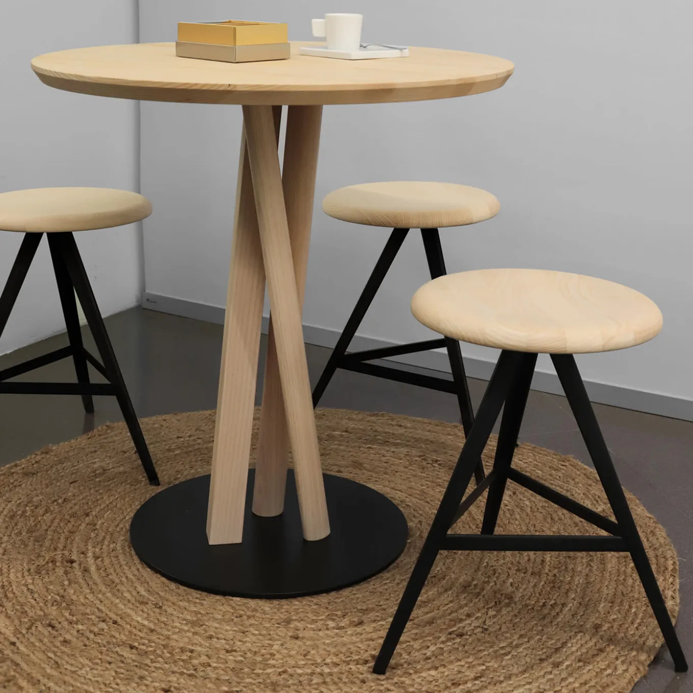 Aky 47 Round Natural Ash & Black Metal Low Stool by Emilio Nanni