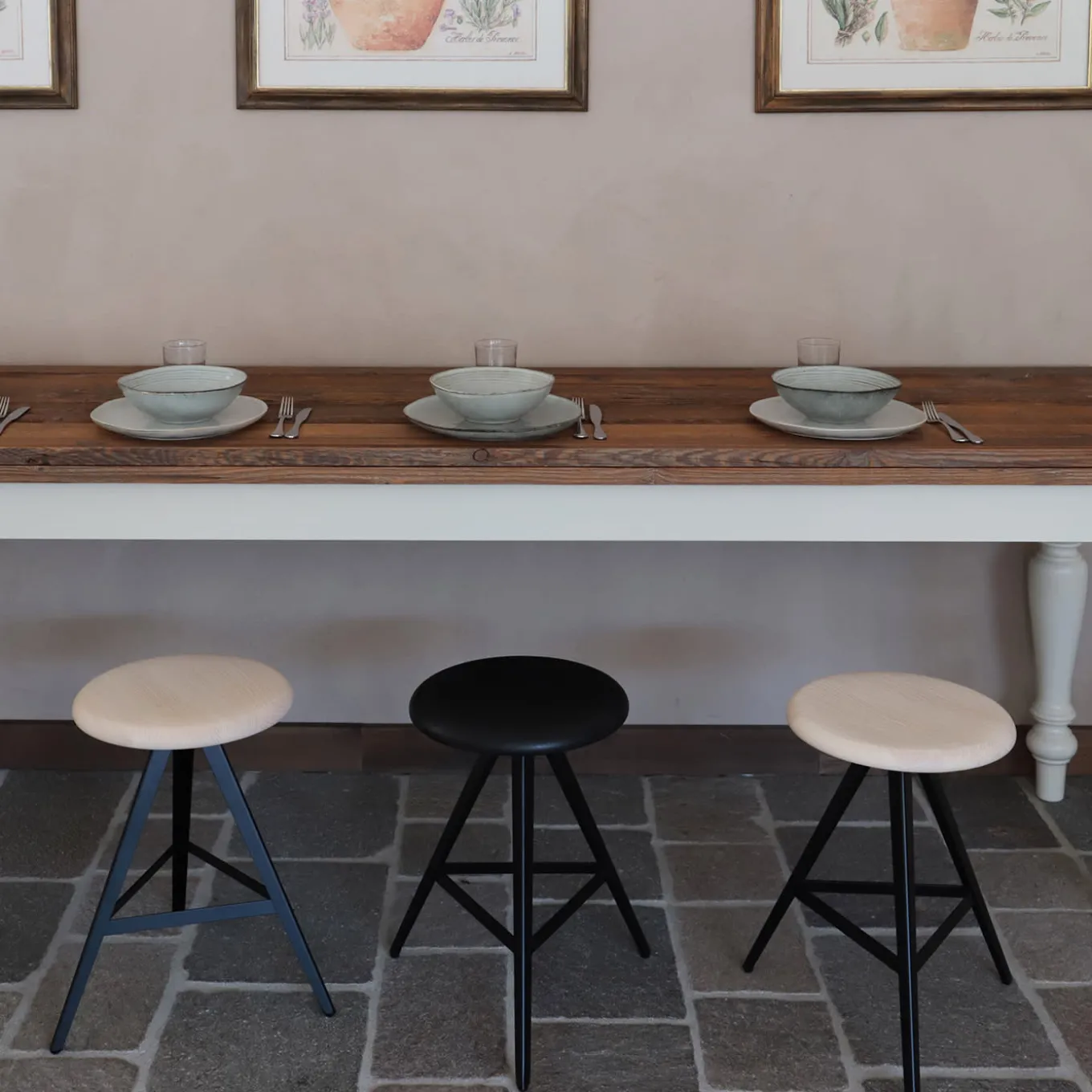 Aky 47 Round Natural Ash & Black Metal Low Stool by Emilio Nanni