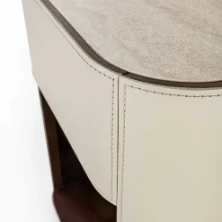 Alma 1-Drawer Beige Leather Nightstand with Travertine Marble Top