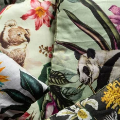 Animalia Linen Cushion With Pandas And Purple Flowers