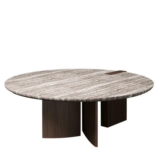 Antinomia T round marble and brown veneered base dining table