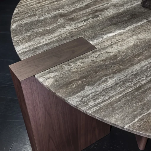 Antinomia T round marble and brown veneered base dining table