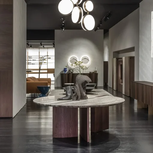 Antinomia T round marble and brown veneered base dining table
