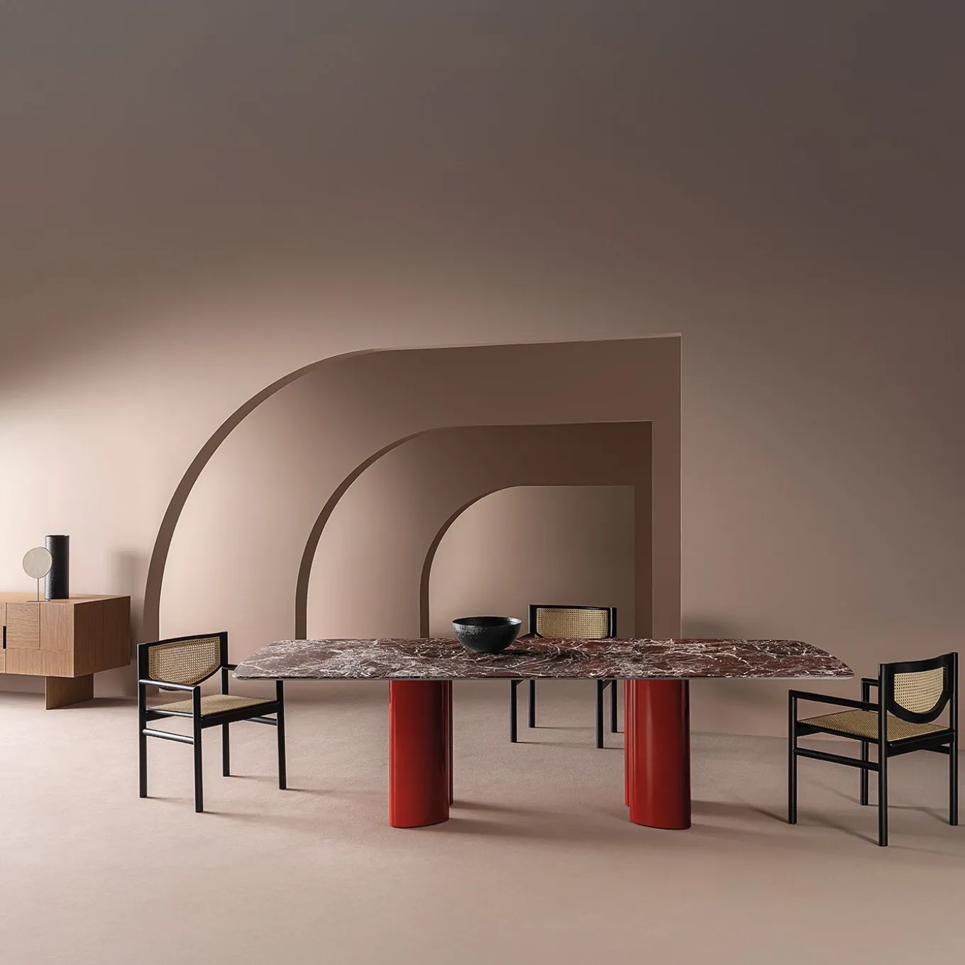 Arne Lepanto Marble And Red Legs Dining Table by Roberto Lazzeroni