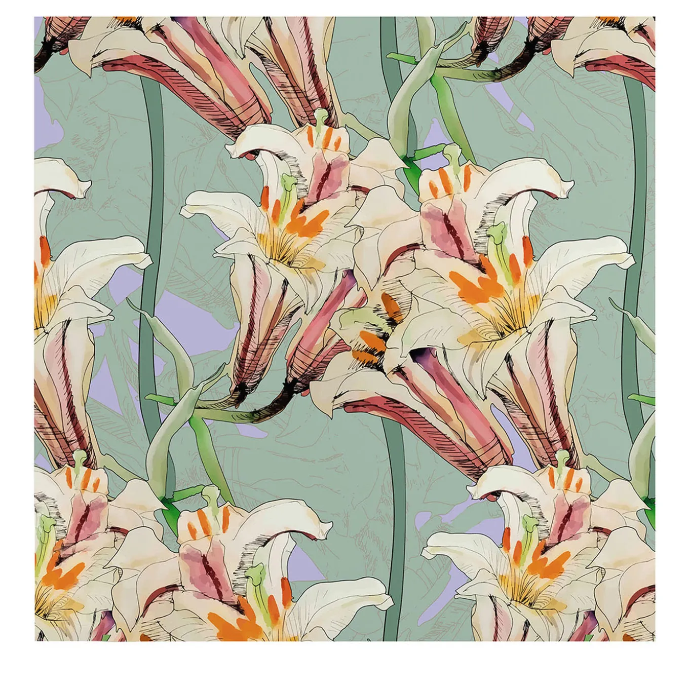 Art Nouveau Pink Lilly Floral Wallpaper