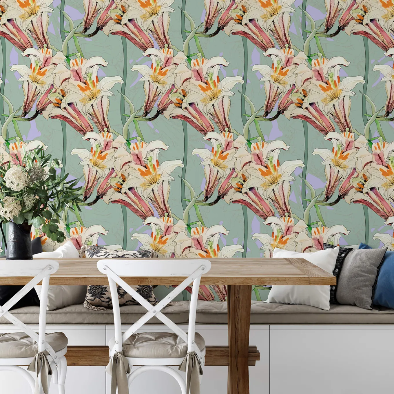 Art Nouveau Pink Lilly Floral Wallpaper