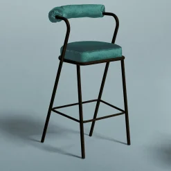 Baba Black Steel & Blue Velvet Cushion Bar Stool by Serena Confalonieri