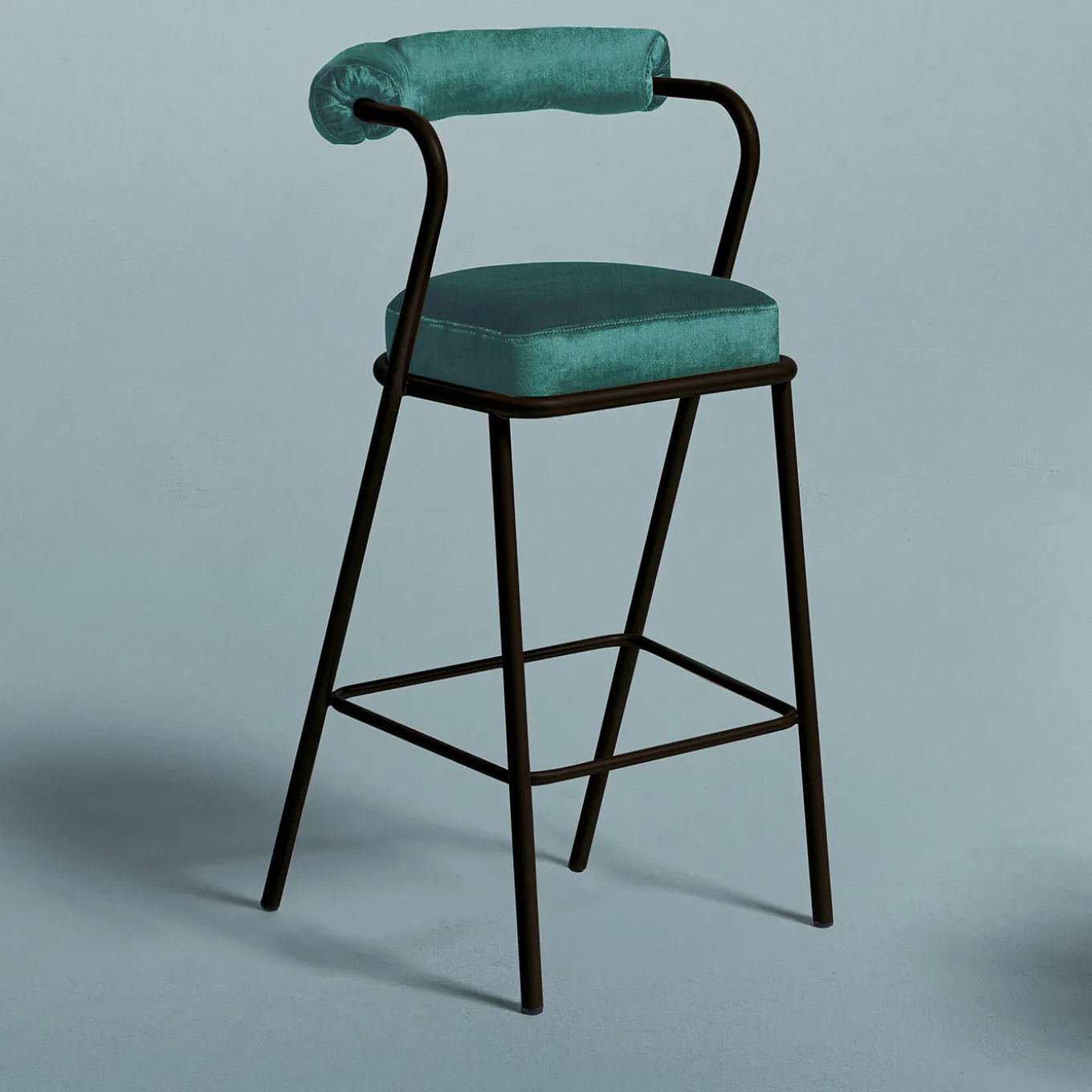 Baba Black Steel & Blue Velvet Cushion Bar Stool by Serena Confalonieri