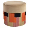 Beige Cylinder Wood Pouf with Geometric Fringe