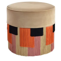 Beige Cylinder Wood Pouf with Geometric Fringe