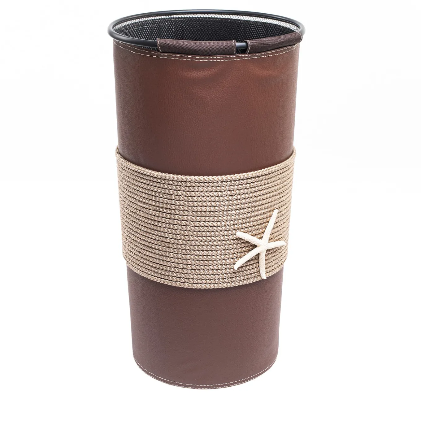 Beige Eco-Leather Umbrella Stand with Rope Inserts