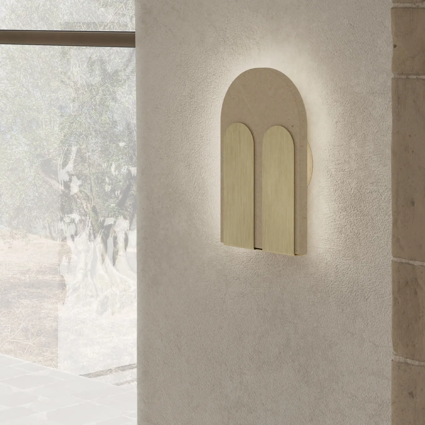 Bifora Beige Lecce Limestone & Brushed Brass Wall Lamp by Apospersano