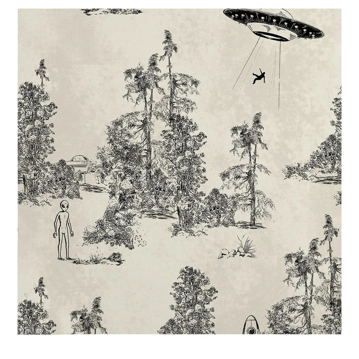 Black Alien Abduction Toile de Jouy Wallpaper
