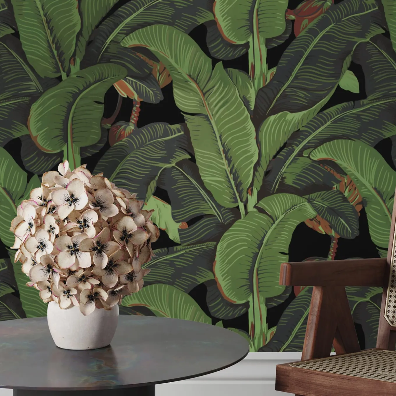 Black and Green Banana Leaf Tropical Rainforest Wallpaper