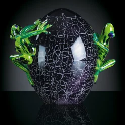 Black Crackled Glass Egg With Green Frogs