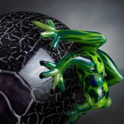 Black Crackled Glass Egg With Green Frogs