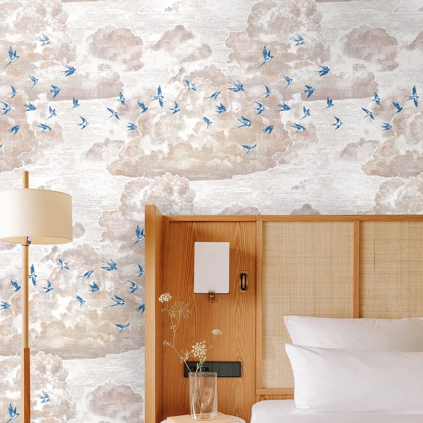 Blue Swallows and Pastel Sky Handmade Engraved Wallpaper
