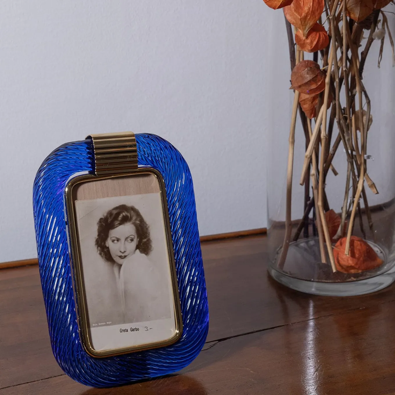 Blue Twisted Glass with Glossy Brass Structure Frame