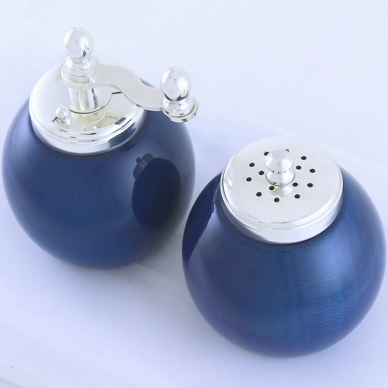 Blue Wood and Silver-Plated Brass Salt Shaker and Pepper Grinder