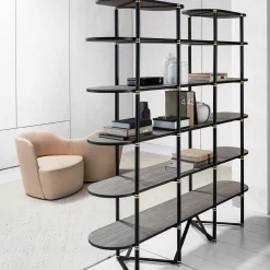 Boomerang Black Metal And Brass Bookcase With 6 Shelves by Pietro Russo Design