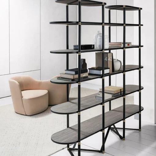 Boomerang Black Metal And Brass Bookcase With 6 Shelves by Pietro Russo Design