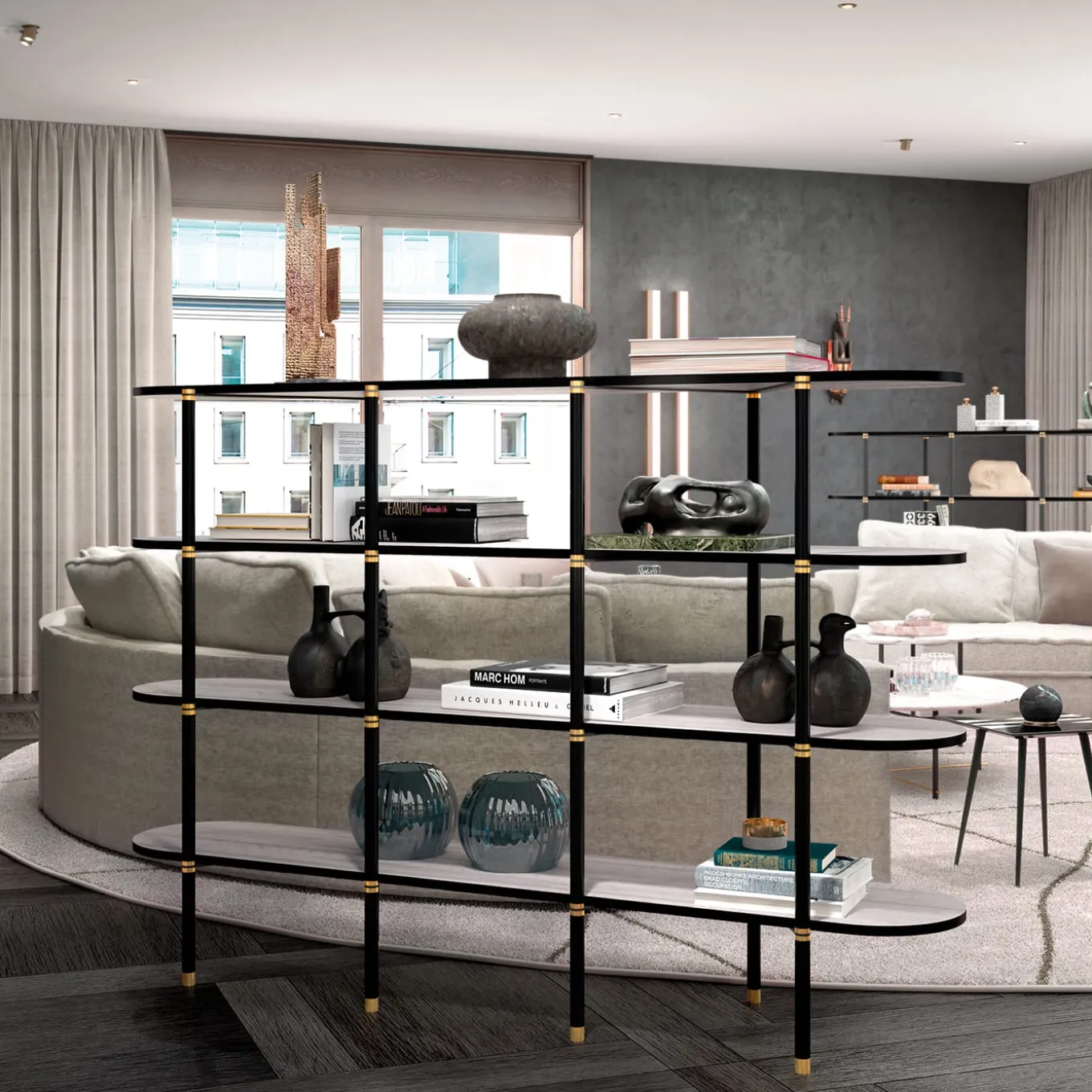 Boomerang Black Metal And Brass Bookcase With 4 Shelves by Pietro Russo Design