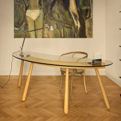 Boomerang Curved Transparent Glass Desk by Enzo Mari