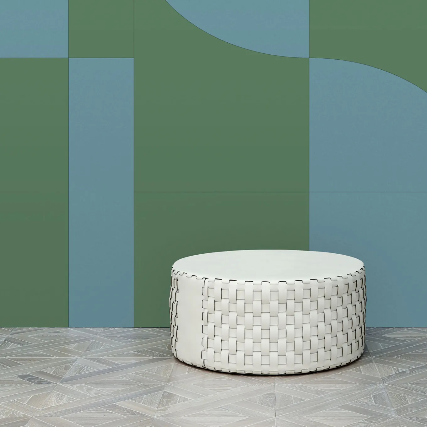 Bottega Round White Leather Pouf