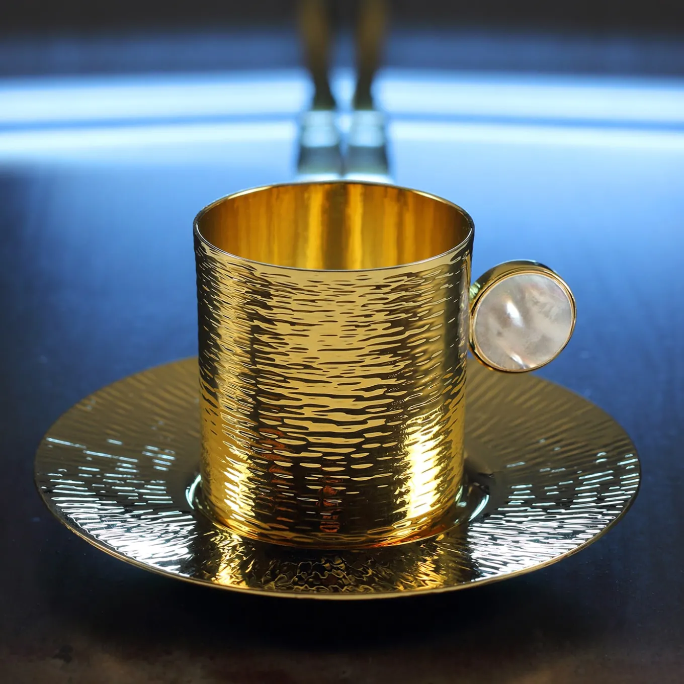 Bus Demitasse Gold plated Cup with Saucer and Stirring Stick