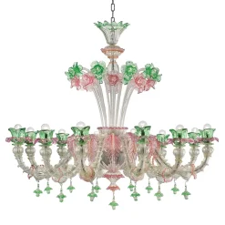 Calle Montesanto Green Pink Blown Glass Floral Chandelier