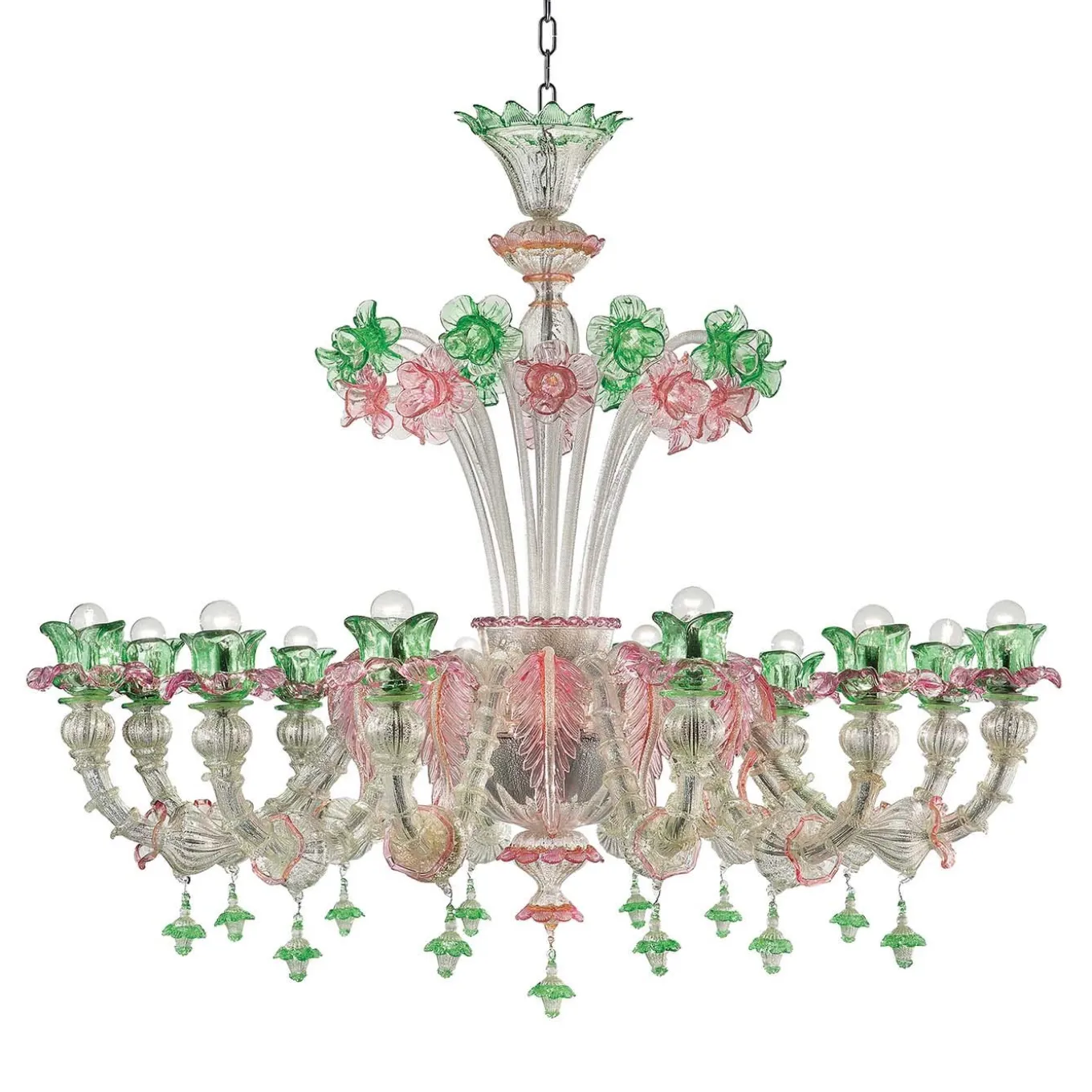 Calle Montesanto Green Pink Blown Glass Floral Chandelier