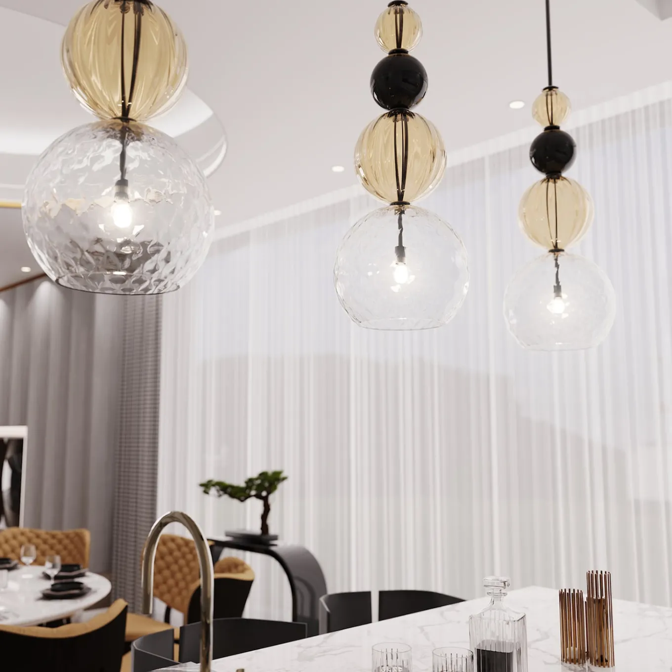 Caruso 1-light Fumè, Crystal Clear and Black Murano Glass Pendant Lamp