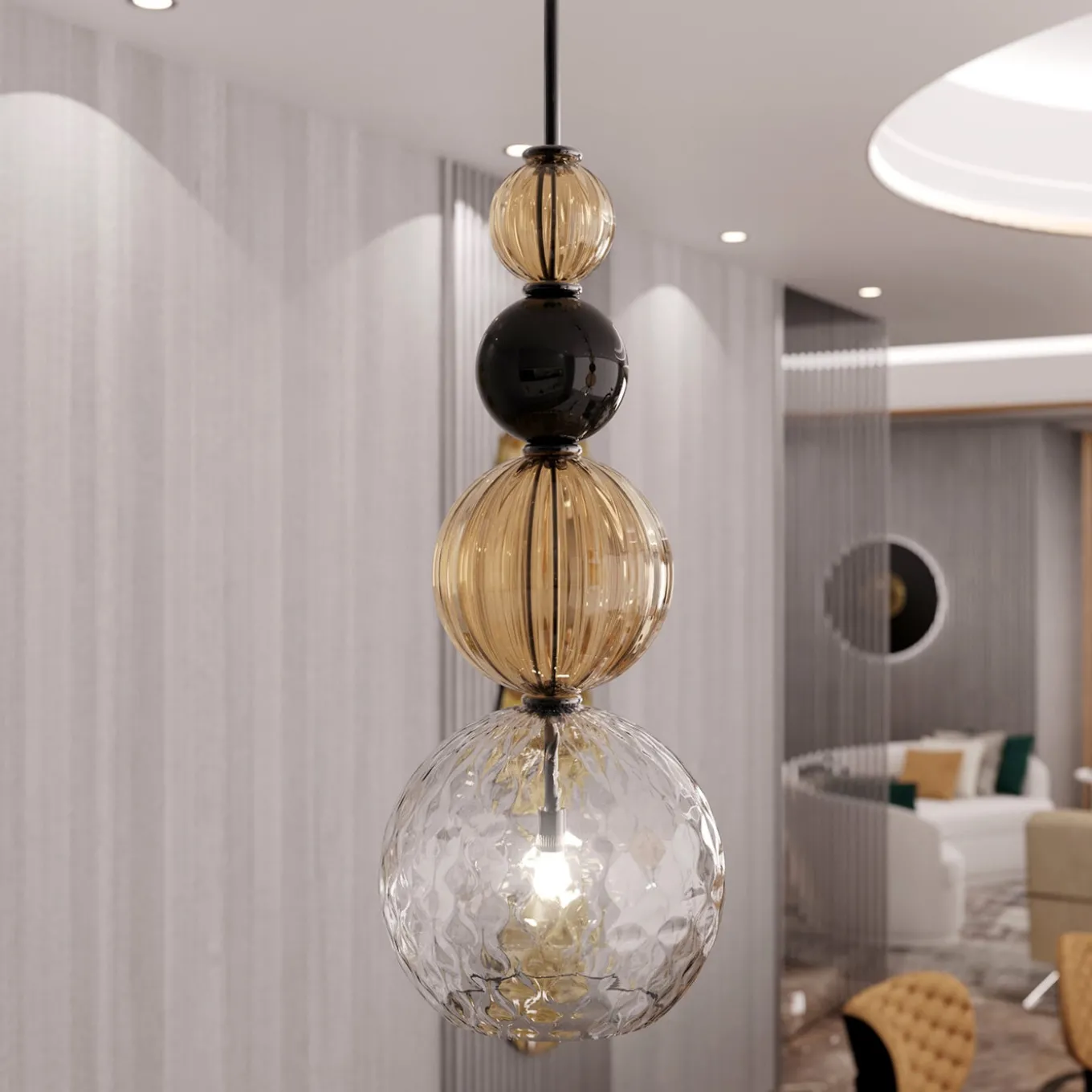 Caruso 1-light Fumè, Crystal Clear and Black Murano Glass Pendant Lamp