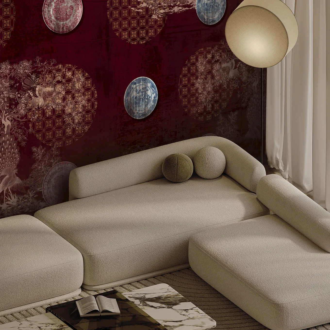 Chinese plates red and gold with peacocks motif wallpaper