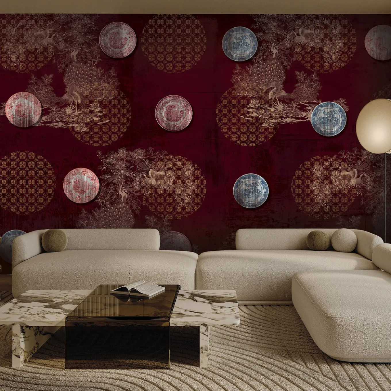 Chinese plates red and gold with peacocks motif wallpaper