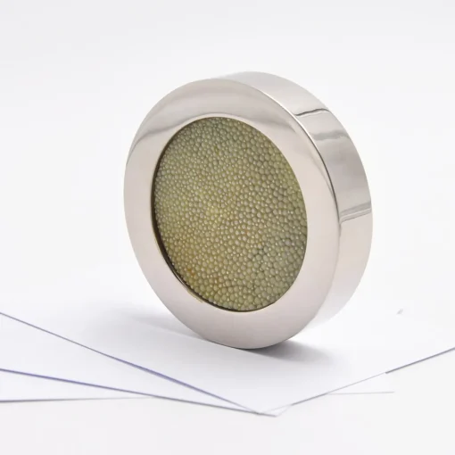 Circular Light-Green Shagreen Leather Paperweight by Nino Basso