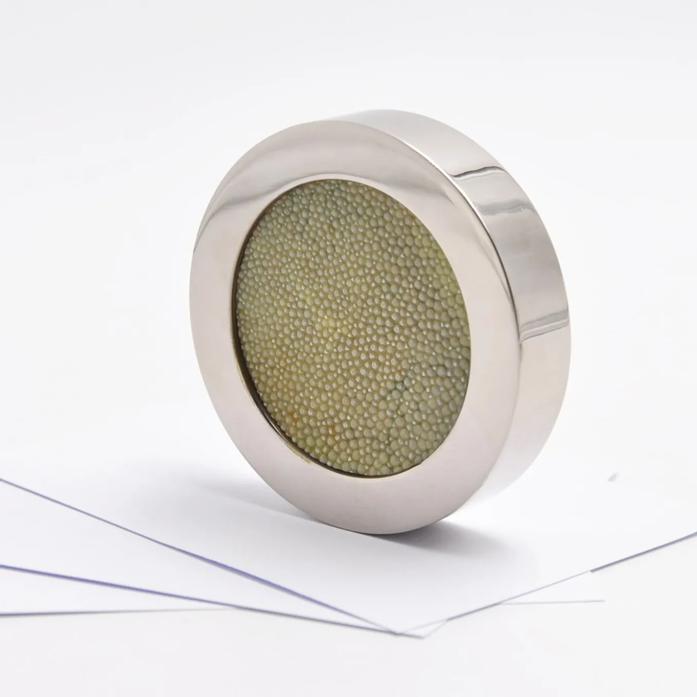 Circular Light-Green Shagreen Leather Paperweight by Nino Basso