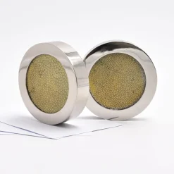 Circular Light-Green Shagreen Leather Paperweight by Nino Basso