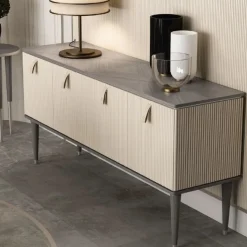 Cocoon Beige Wood Sideboard Brass Accents