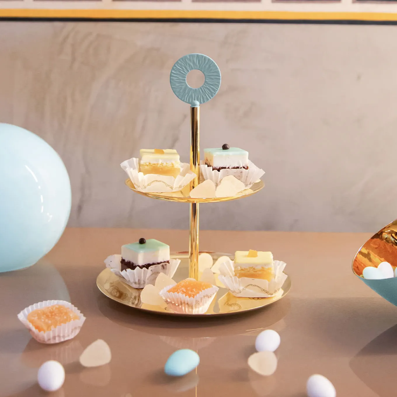 Cometa 2 Azure & Gold 2-Tier Cake Stand