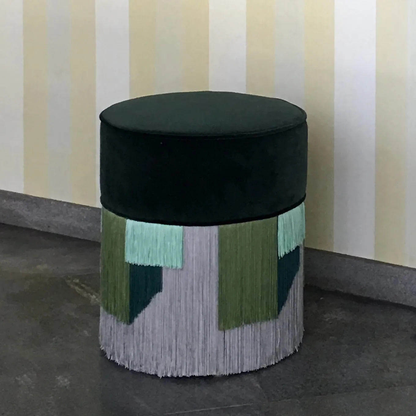 Couture Dark Green Pouf with Geometric Fringe