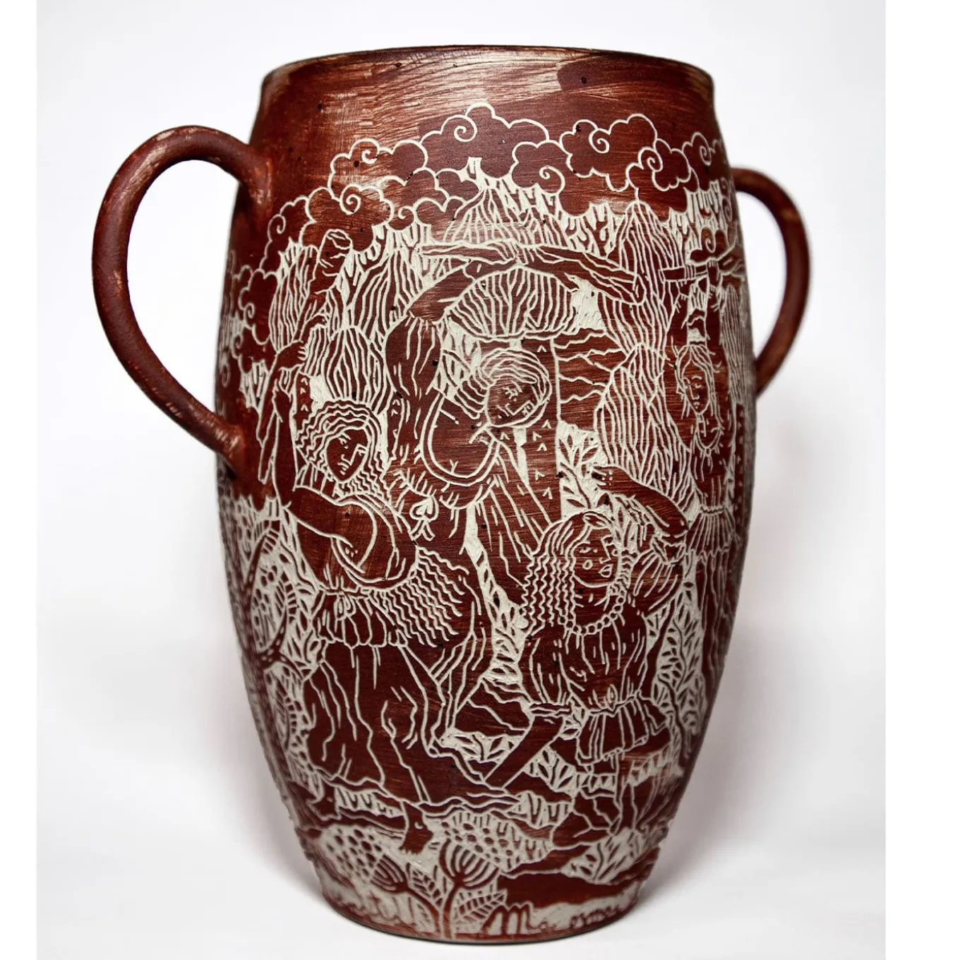 Death Of Orpheus Red Stoneware Vase With Handles