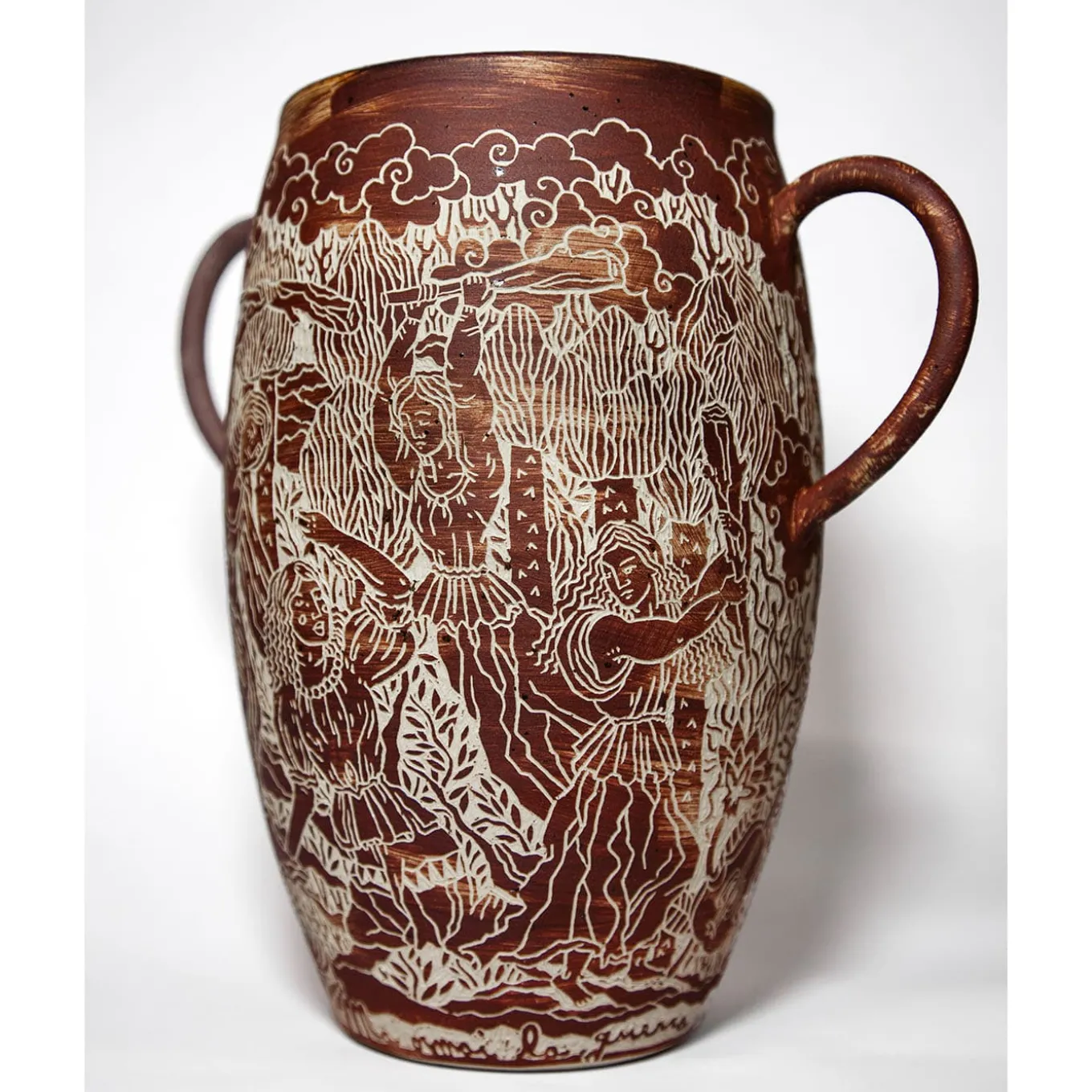 Death Of Orpheus Red Stoneware Vase With Handles