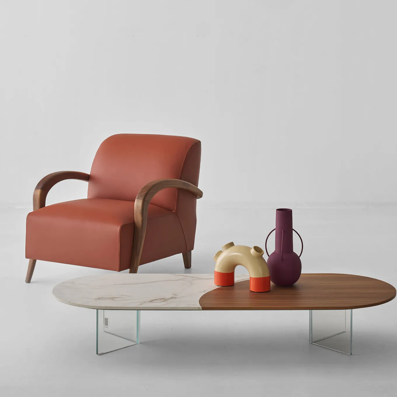Domino Cotto Leather & Walnut Armchair