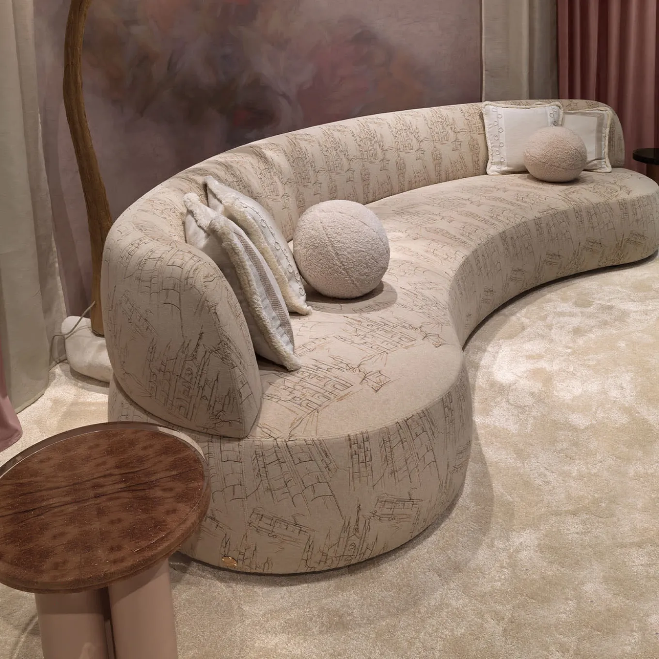 Duse Cityscape-Embroidered Beige Fabric Sofa