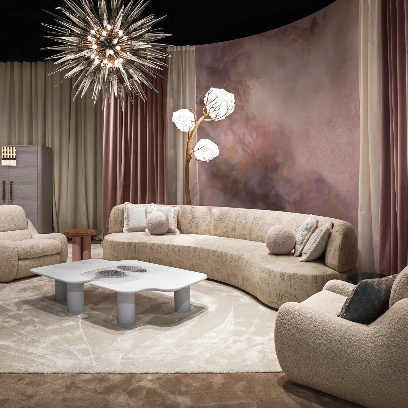 Duse Cityscape-Embroidered Beige Fabric Sofa